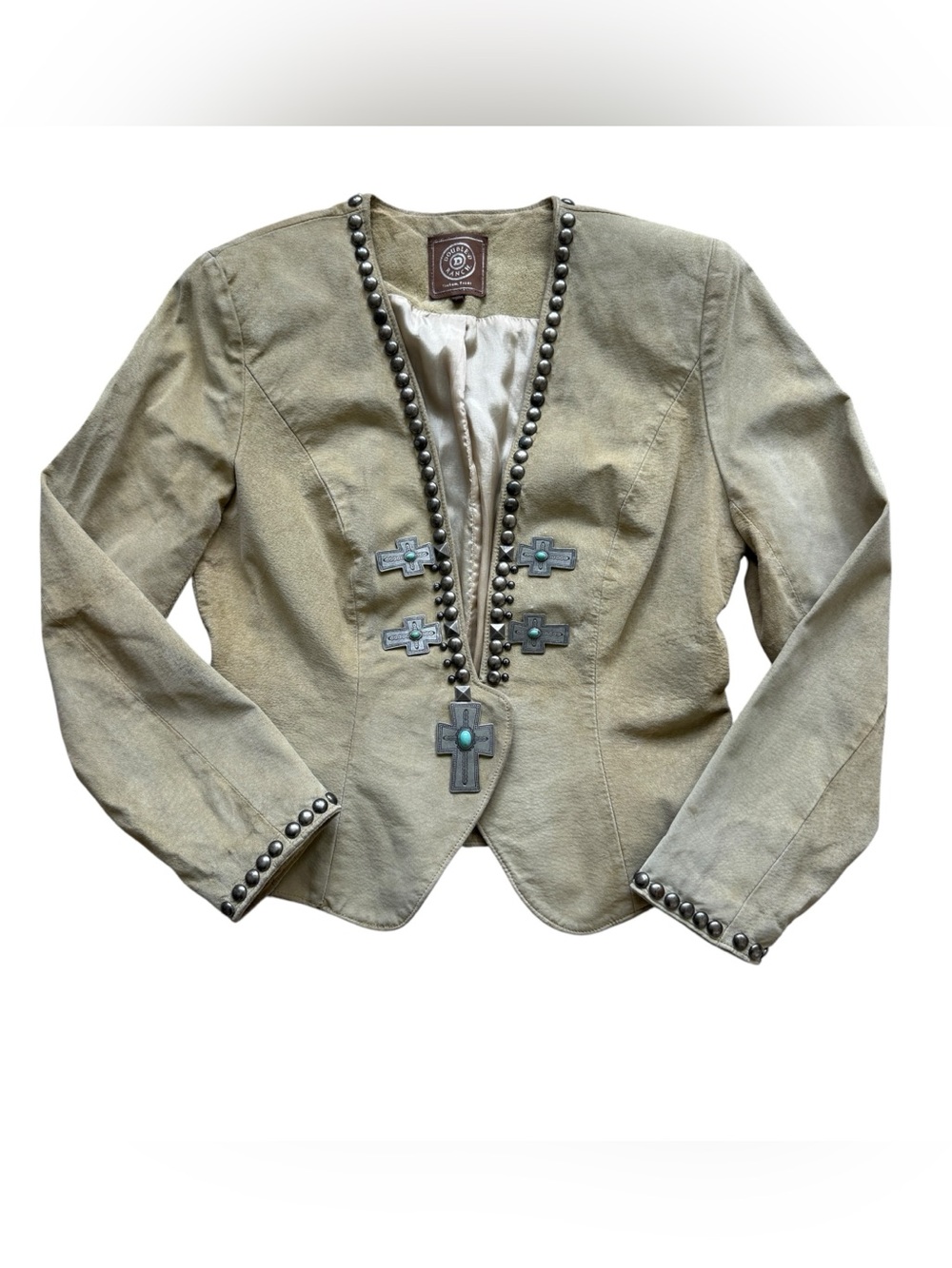 Vintage Double D Ranch Tan Beige Suede Jacket M Turquoise Cross Concho Studded
